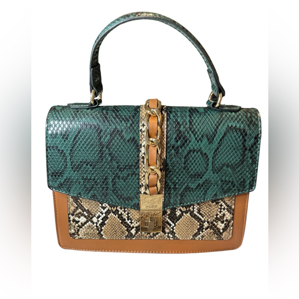 Aldo Green and Gold Snake Print Designed Purse with Straps